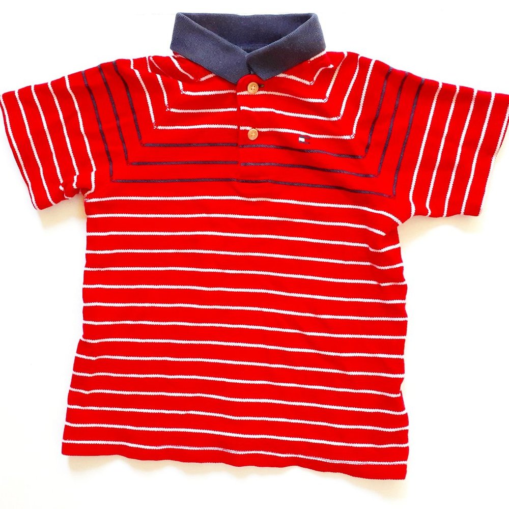 Tommy Hilfiger Boys Polo Shirt Red White Blue Stripe Short Sleeve Size 4T